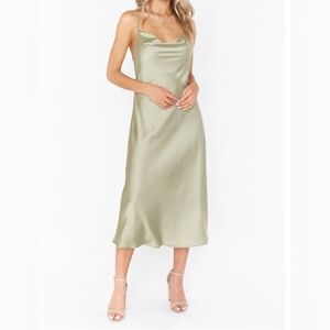 Show Me Your Mumu Women's Verona Cowl Midi Dress in Moss Green Luxe Satin, XS